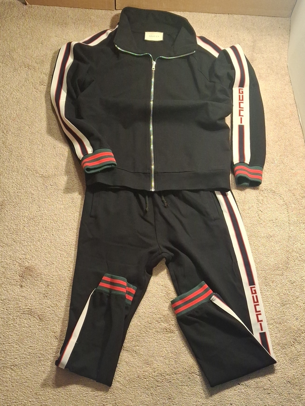 Gucci Black Track Jacket & Pants Set with Signature Stripes